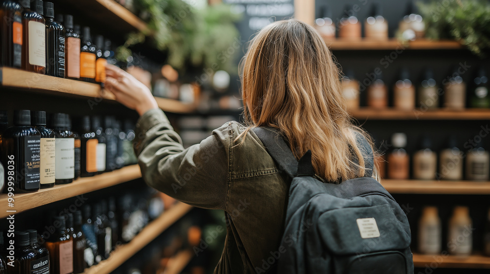 A long-haired young woman dressed like a traveler is choosing from a selection of bottled goods neatly displayed on shelves in a store. A long-haired young woman dressed like a traveler is choosing from a selection of bottled goods neatly displayed on shelves in a store.