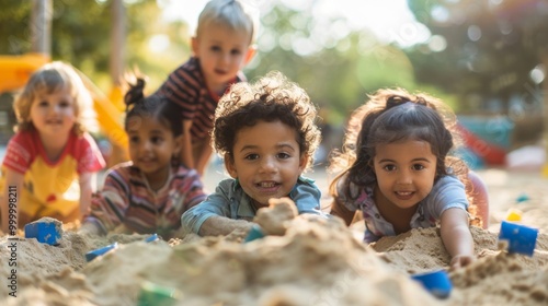 A group of children playing in the sand