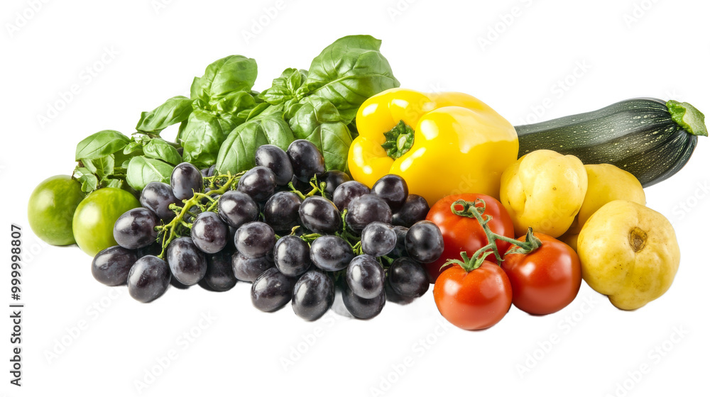 A collection of colorful vegetables and fruits such as zucchini, tomatoes, grapes, and basil, isolated on a clean white background for stock photography A collection of colorful vegetables and fruits such as zucchini, tomatoes, grapes, and basil, isolated on a clean white background for stock photography