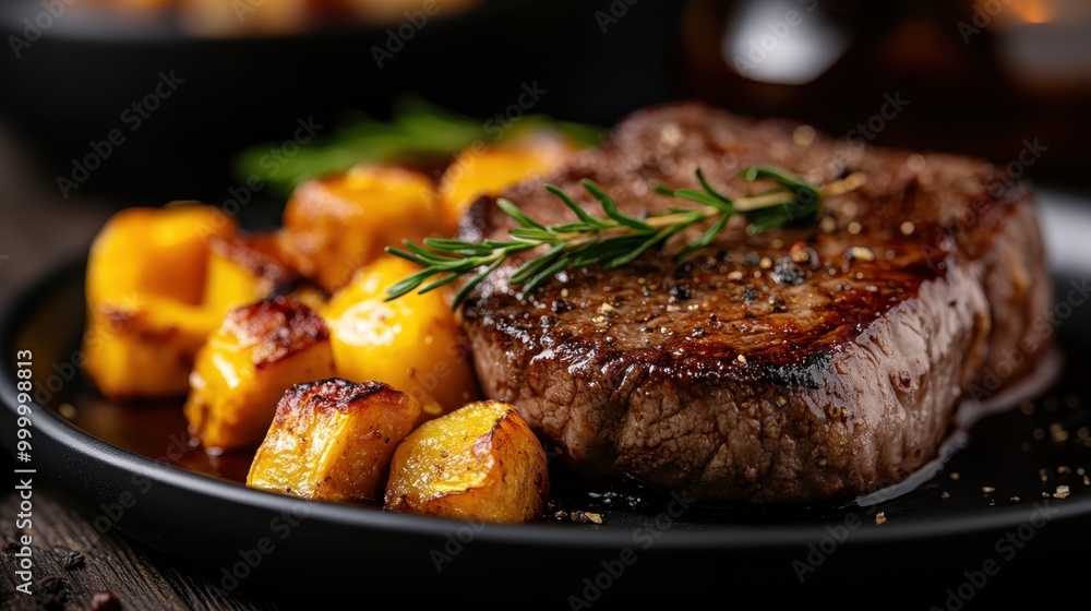 A delectable filet mignon served with crispy roasted potatoes and garnished with a sprig of rosemary, creating a gourmet presentation for a fine dining culinary experience. A delectable filet mignon served with crispy roasted potatoes and garnished with a sprig of rosemary, creating a gourmet presentation for a fine dining culinary experience.
