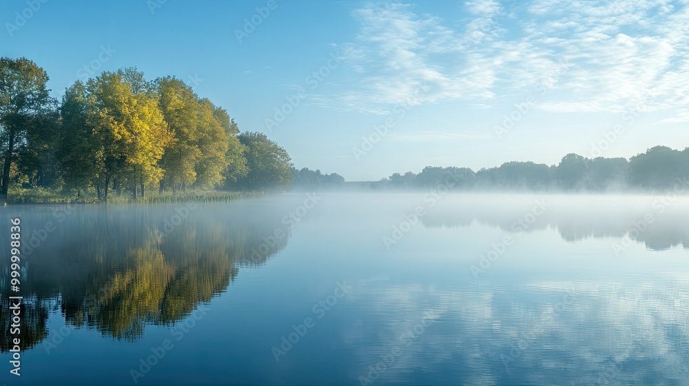 Obraz premium A calm lake surrounded by a sea of fog with reflections of trees, offering plenty of space in the sky for text or copy.