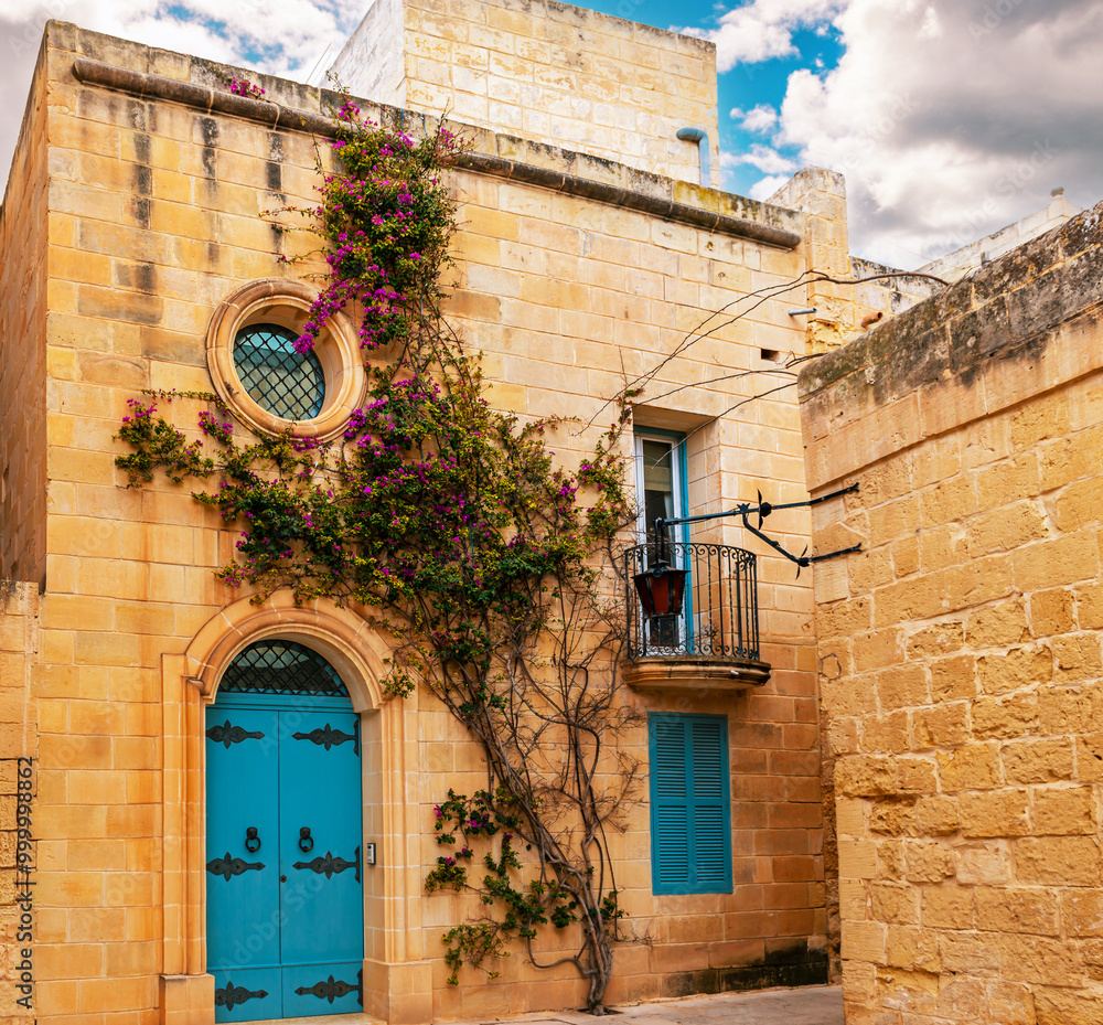 Fototapeta premium Blue house and Bougainvillea, in the village of Mdina in Malta