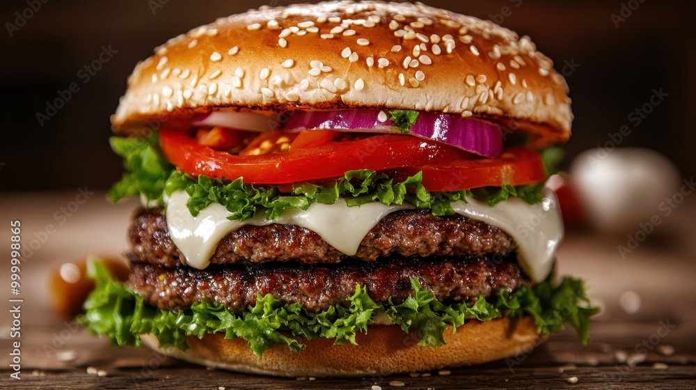 Scrumptious double burger showcasing two beef patties, crisp lettuce, juicy tomato slices, and red onions, all neatly layered in a sesame seed bun for an ultimate treat. Scrumptious double burger showcasing two beef patties, crisp lettuce, juicy tomato slices, and red onions, all neatly layered in a sesame seed bun for an ultimate treat.