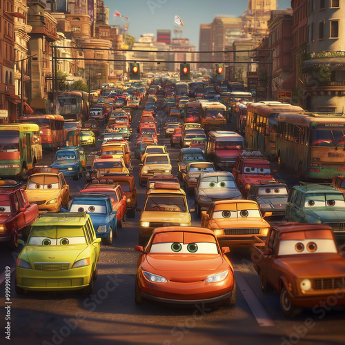 A traffic jam with cartoonish cars