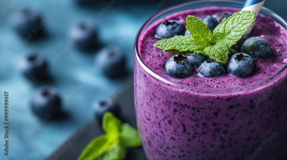 A delightful blueberry smoothie presented in a clear glass, garnished with fresh blueberries and mint leaves, symbolizing a healthy and energizing drink choice for any time of day. A delightful blueberry smoothie presented in a clear glass, garnished with fresh blueberries and mint leaves, symbolizing a healthy and energizing drink choice for any time of day.