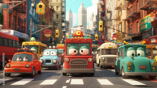 A traffic jam with cartoonish cars