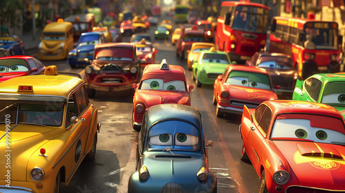 A traffic jam with cartoonish cars