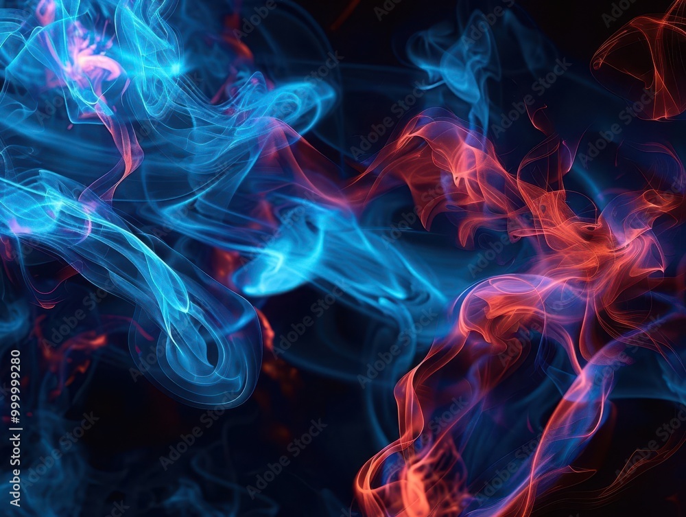 Dramatic clash of blue and red smoke effects on black background. Swirling tendrils create dynamic shapes, symbolizing conflict or competition. Neon-like glow adds intensity to the abstract design. Dramatic clash of blue and red smoke effects on black background. Swirling tendrils create dynamic shapes, symbolizing conflict or competition. Neon-like glow adds intensity to the abstract design.