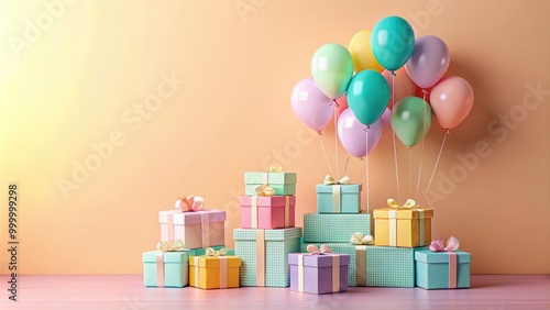 Stacked pastel gift boxes with bows and colorful balloons on a warm, peach background.