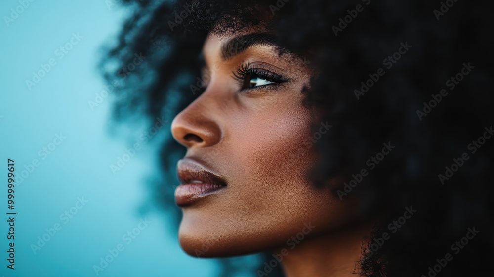 Profile shot of a woman with elegant, voluminous curls against a soft blue background, exuding confidence and capturing the essence of modern beauty. Profile shot of a woman with elegant, voluminous curls against a soft blue background, exuding confidence and capturing the essence of modern beauty.