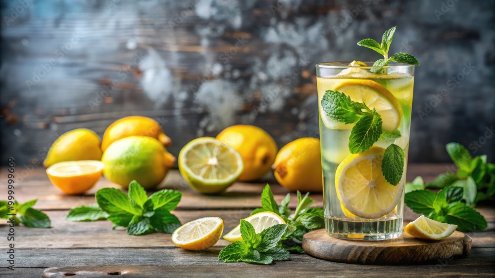 Refreshing lemonade with floating mint leaves and lemon slices, surrounded by fresh lemons and herbs on a rustic wooden table. Refreshing lemonade with floating mint leaves and lemon slices, surrounded by fresh lemons and herbs on a rustic wooden table.