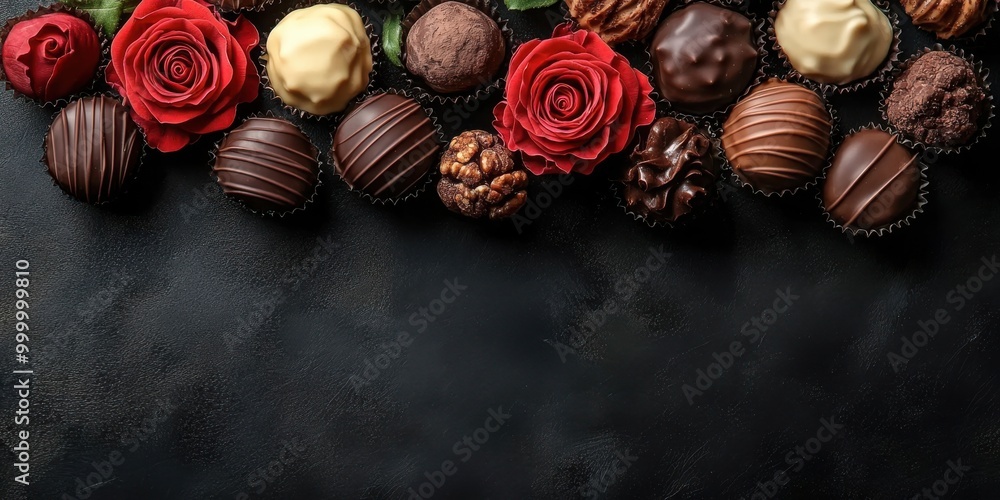 A delectable arrangement of assorted chocolates and roses on a dark background, a delightful visual representation of sweetness and romance. A delectable arrangement of assorted chocolates and roses on a dark background, a delightful visual representation of sweetness and romance.