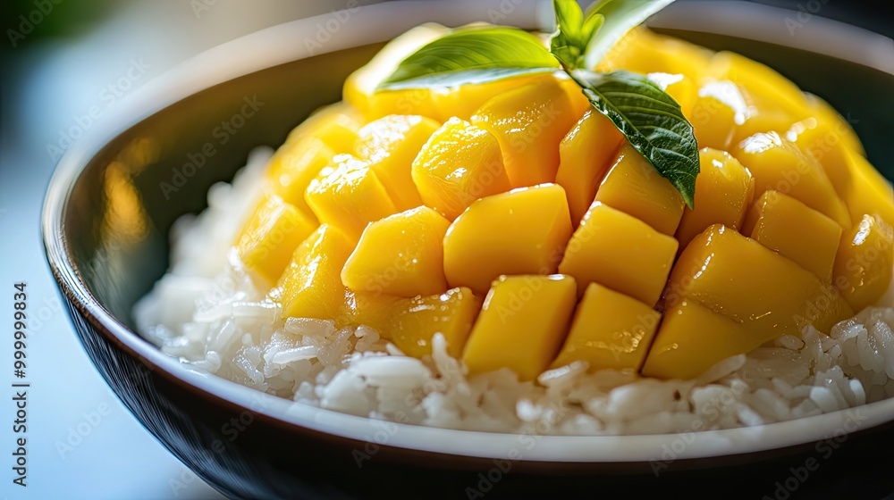 A close-up of a beautifully decorated Thai mango sticky rice dessert, with a clean background for text placement. A close-up of a beautifully decorated Thai mango sticky rice dessert, with a clean background for text placement.