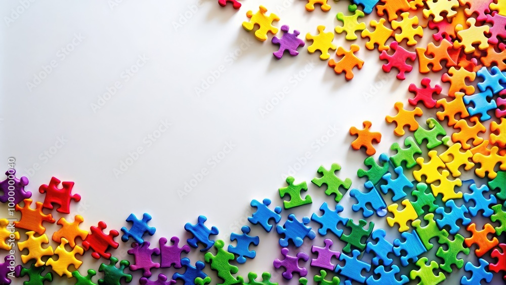 Vibrant, colorful puzzle pieces scattered on a blank white background, forming a playful border.