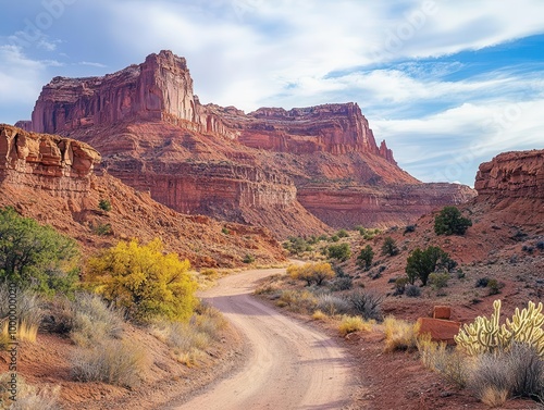 Dramatic red sandstone buttes dominate western desert landscape. Winding path leads through low vegetation and cacti, evoking spirit of American Southwest.