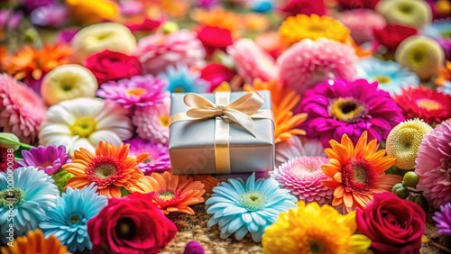 A tiny gift box nestled among vibrant, colorful flowers for a romantic touch.
