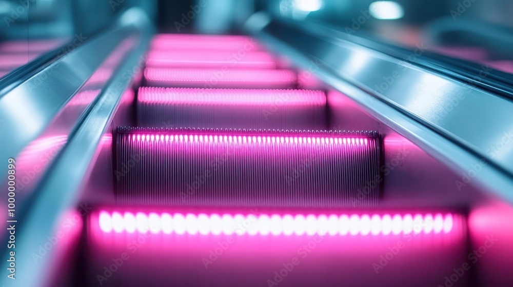 A close-up view of an escalator featuring bright pink steps illuminated by neon lights, creating a striking and modern visual effect, symbolizing progress and urban life. A close-up view of an escalator featuring bright pink steps illuminated by neon lights, creating a striking and modern visual effect, symbolizing progress and urban life.