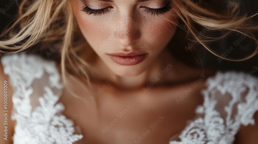 A serene bride with freckles and blonde hair looks downward with closed eyes, wearing a lace wedding dress that exudes grace and purity in this intimate portrait. A serene bride with freckles and blonde hair looks downward with closed eyes, wearing a lace wedding dress that exudes grace and purity in this intimate portrait.