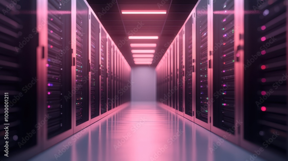 A highly secured data center hallway showcasing numerous server racks bathed in pink lighting, reflecting the advanced technology and important data handling taking place. A highly secured data center hallway showcasing numerous server racks bathed in pink lighting, reflecting the advanced technology and important data handling taking place.