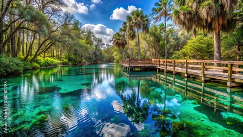 Idyllic oasis with crystal clear water, wooden bridge, lush surroundings, Ocala National Forest, central Florida photo