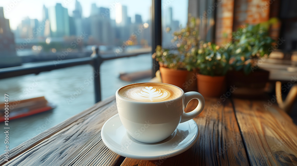 Fototapeta premium Latte art coffee cup on wooden table with city skyline view 