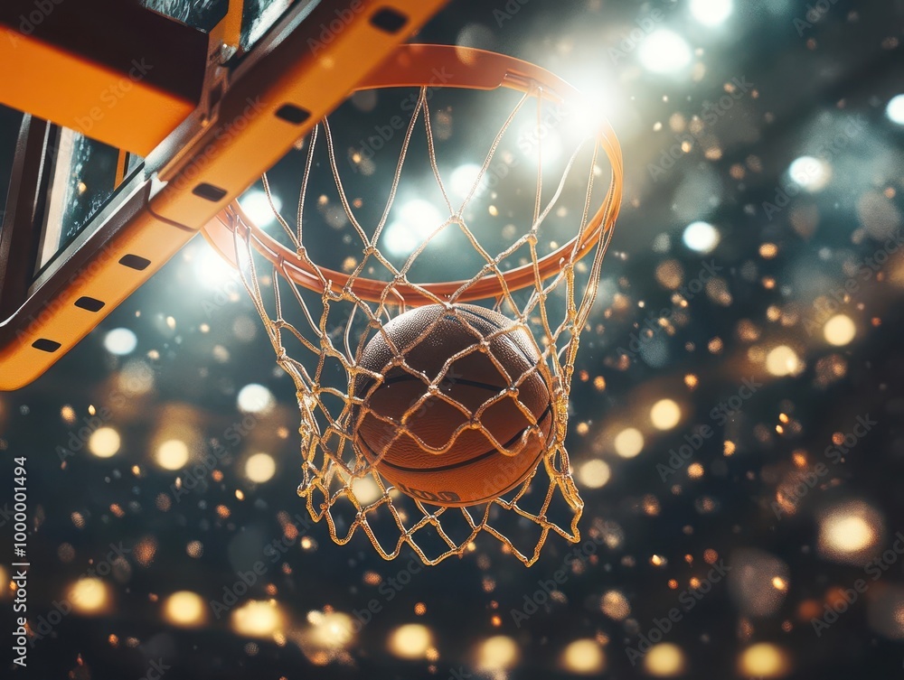Dynamic shot of a basketball frozen mid-air as it passes through the hoop. Dramatic lighting emphasizes the ball's texture and the net's movement. Arena backdrop blurred. Dynamic shot of a basketball frozen mid-air as it passes through the hoop. Dramatic lighting emphasizes the ball's texture and the net's movement. Arena backdrop blurred.