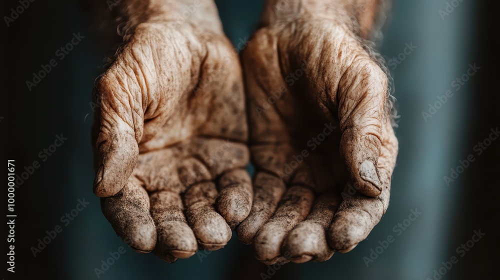 A detailed close-up photograph of weathered, dirty hands with palms facing upwards, conveying a sense of hard work, labor, and experience, evoking strong emotions. A detailed close-up photograph of weathered, dirty hands with palms facing upwards, conveying a sense of hard work, labor, and experience, evoking strong emotions.