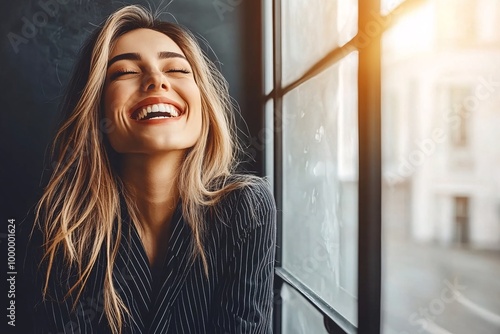 Joyful Woman Smiling in Elegant Outfit by Window