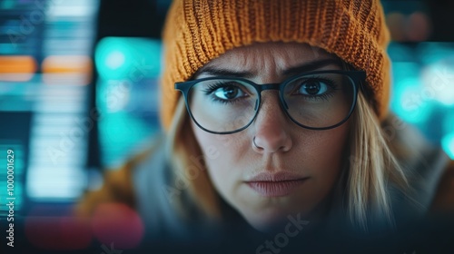 A young woman intensely focuses on multiple computer screens while wearing a beanie, epitomizing the dedication and concentration of a modern programmer or coder. photo