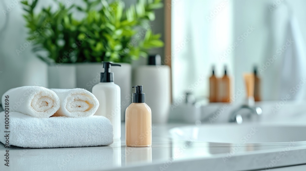 A close-up of bathroom essentials on a countertop, with a blurred background for text. A close-up of bathroom essentials on a countertop, with a blurred background for text.