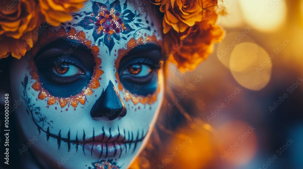 Vibrant Day of the Dead makeup adorns a face with intricate blue and orange designs, marigolds crown the head, golden bokeh lights glow in background. Vibrant Day of the Dead makeup adorns a face with intricate blue and orange designs, marigolds crown the head, golden bokeh lights glow in background.