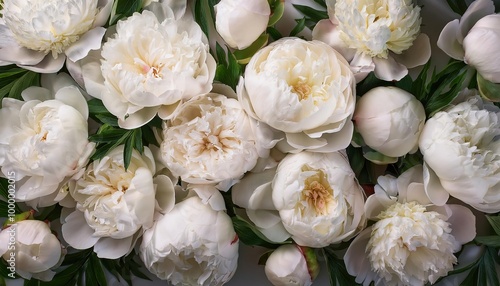 huge bouquet of white color peonies. background of white peonies. Top view