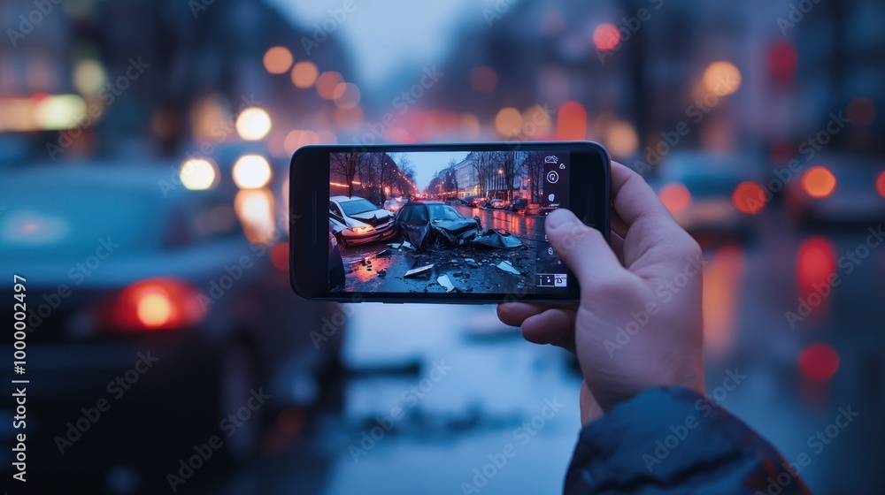 A person captures a photo of a car accident on their phone in a rainy urban setting. A person captures a photo of a car accident on their phone in a rainy urban setting.