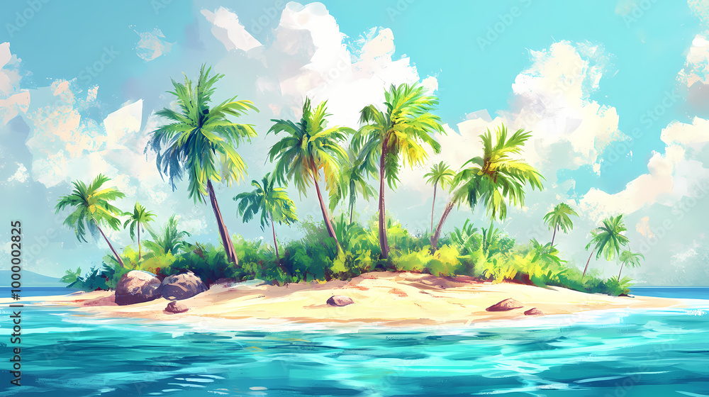 Beautiful tropical island with palm trees and beach panorama as background image. Tropical Lagoon. Illustration Beautiful tropical island with palm trees and beach panorama as background image. Tropical Lagoon. Illustration
