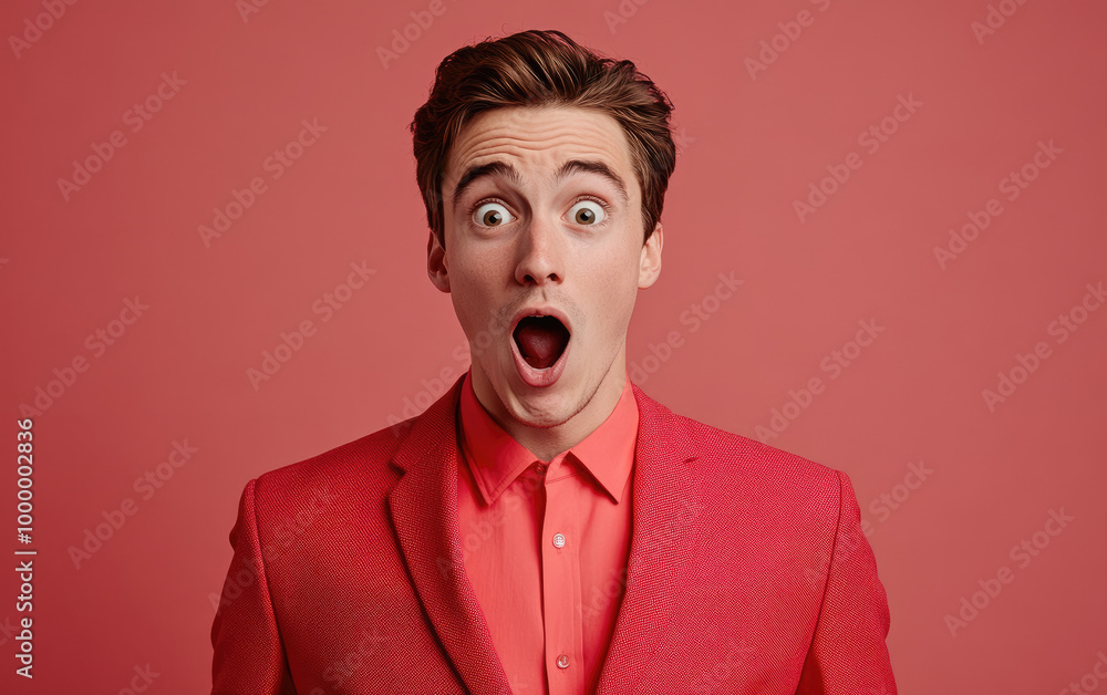 Portrait of an excited young man in a red suit with an open mouth on an isolated background, a detailed illustration Portrait of an excited young man in a red suit with an open mouth on an isolated background, a detailed illustration