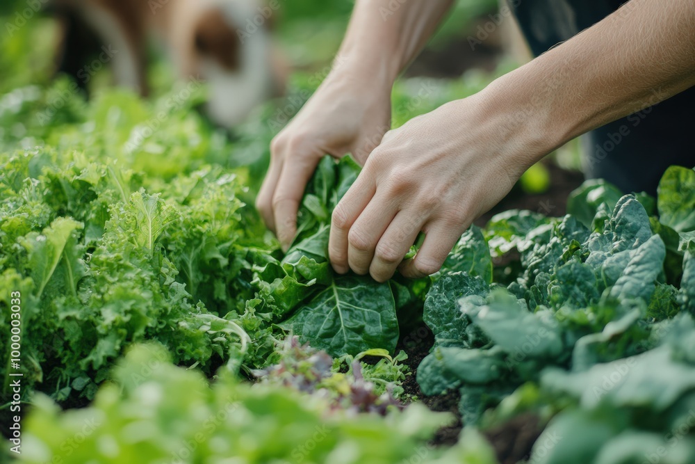 A close-up shot of hands harvesting biodynamic organic ingredients such as leafy greens and herbs from a vibrant garden, with the farm animals and compost piles in the background A close-up shot of hands harvesting biodynamic organic ingredients such as leafy greens and herbs from a vibrant garden, with the farm animals and compost piles in the background