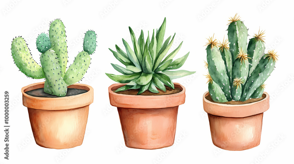 A watercolor painting featuring a set of cacti and succulents, potted and meticulously rendered, suitable for stickers and greeting card designs, isolated on white. Thorny Desert. Illustration A watercolor painting featuring a set of cacti and succulents, potted and meticulously rendered, suitable for stickers and greeting card designs, isolated on white. Thorny Desert. Illustration