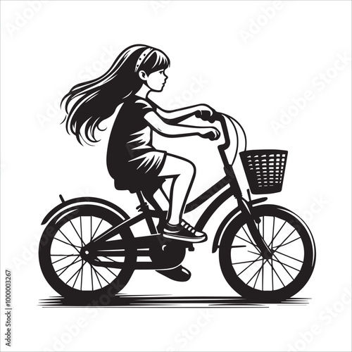 A young girl rides a bicycle vector illustration silhouette