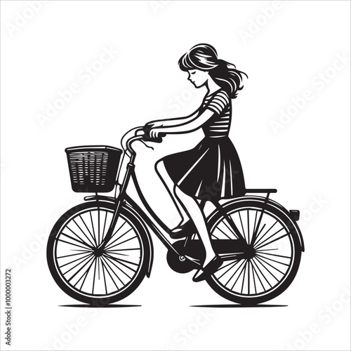 A young girl rides a bicycle vector illustration silhouette