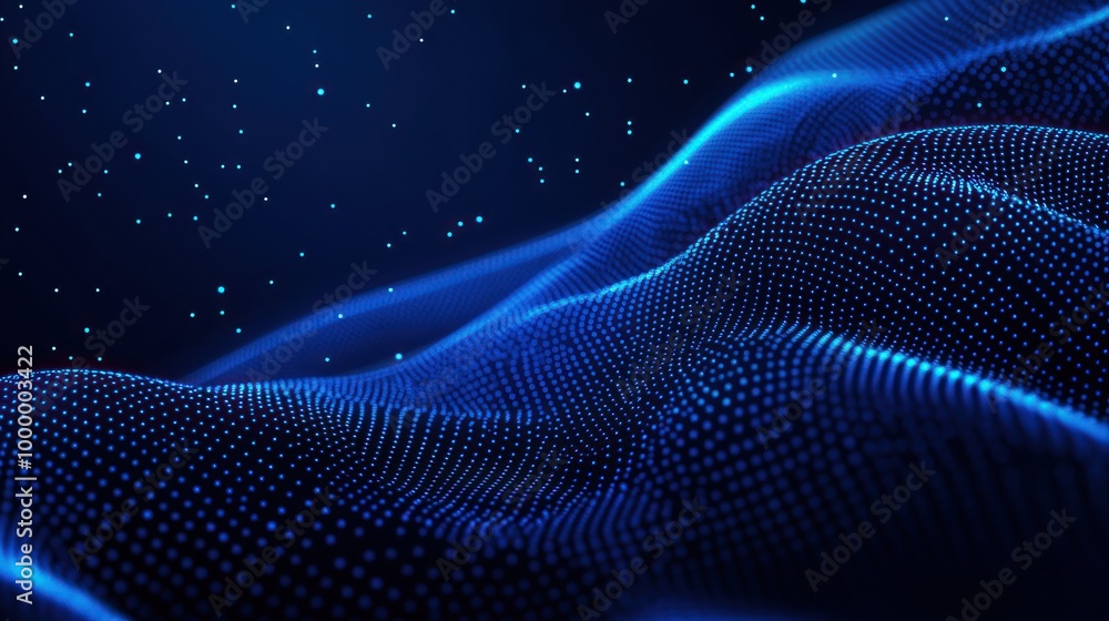 Abstract representation of flowing waves illuminated by blue light in a digital space. Abstract representation of flowing waves illuminated by blue light in a digital space.