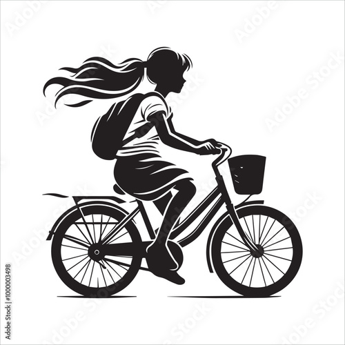 A young girl rides a bicycle vector illustration silhouette