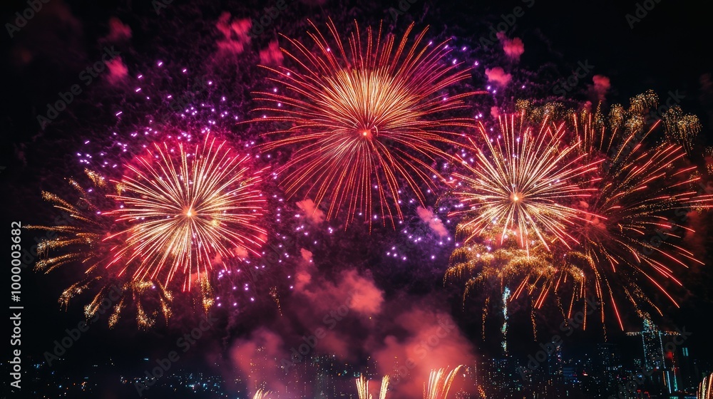 Fototapeta premium A dazzling display of fireworks bursting in the night sky, with ample open space above for adding text.