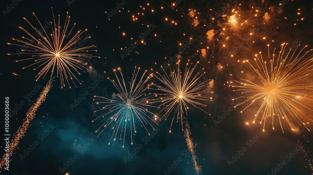 Fototapeta premium A dazzling display of fireworks bursting in the night sky, with ample open space above for adding text.