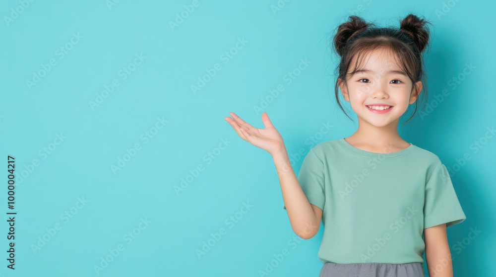 Photo of Asian girl with short hair, smiling and reaching out her hand on a plain background. Photo of Asian girl with short hair, smiling and reaching out her hand on a plain background.