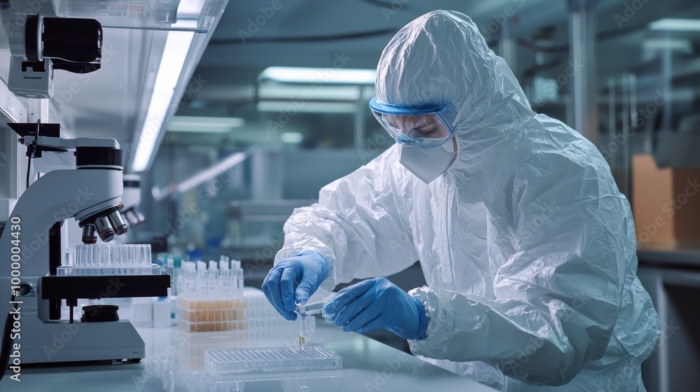Scientist in Protective Gear Conducting Scientific Research in Medical Laboratory Scientist in Protective Gear Conducting Scientific Research in Medical Laboratory