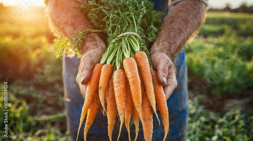 A farmer's hands holding a bunch of freshly harvested carrots with a blurred field background for text placement. photo