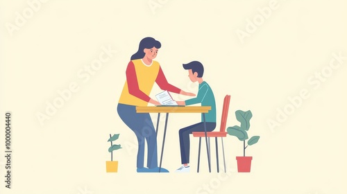 Teacher Assisting Student at a Classroom Desk