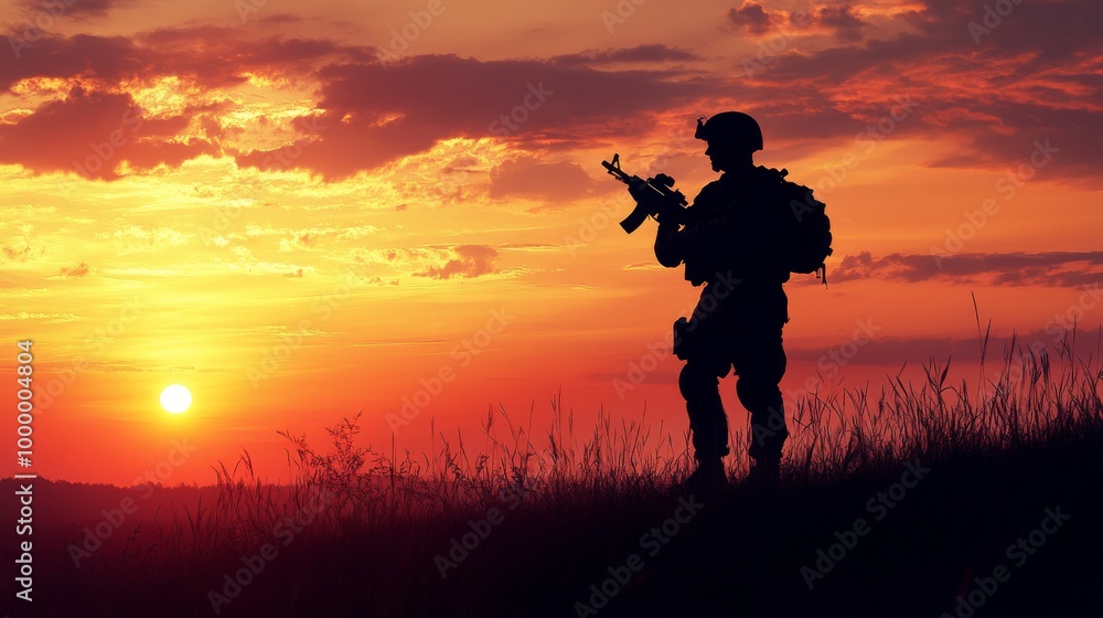 Silhouette of Soldier with Rifle at Sunset in Grassy Field Silhouette of Soldier with Rifle at Sunset in Grassy Field