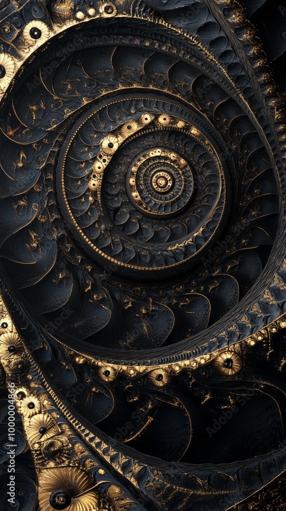 Intricate fractal spiral design in dark metallic tones with golden accents, resembling a steampunk-inspired mechanical clockwork or cosmic galaxy formation. Intricate fractal spiral design in dark metallic tones with golden accents, resembling a steampunk-inspired mechanical clockwork or cosmic galaxy formation.