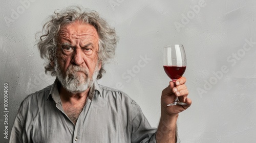 A drunken exhuasted messy senior male holding a glass of red wine photo